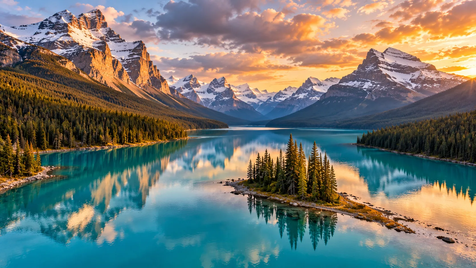 Maligne Lake with Spirit Island and Rocky Mountains at sunset, Jasper National Park