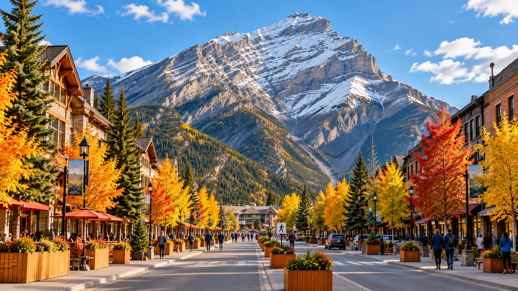 Banff Avenue in autumn with colourful fall trees and Cascade Mountain in the background