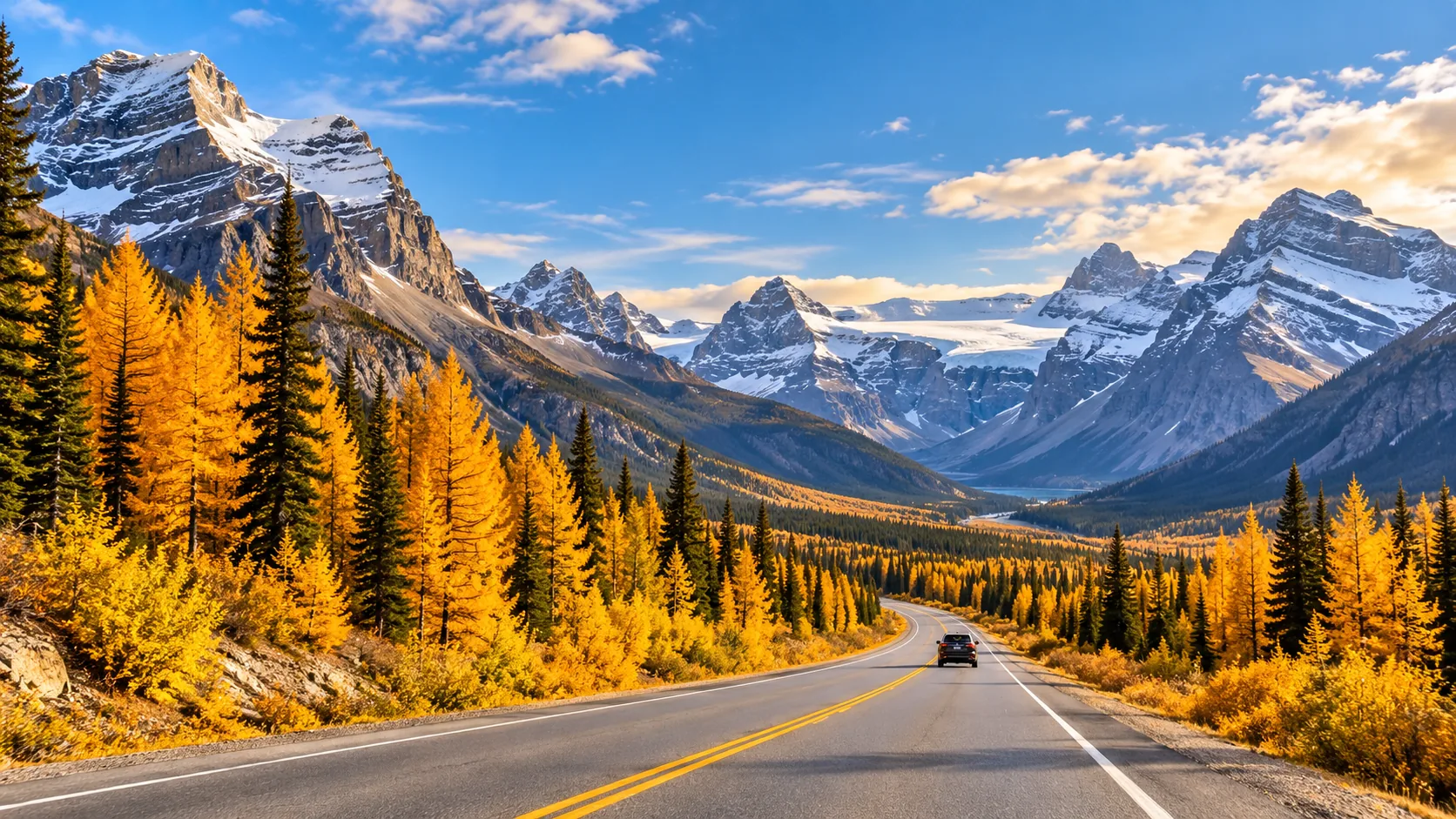 Icefields Parkway in autumn with golden larch trees and snow-capped Rocky Mountains