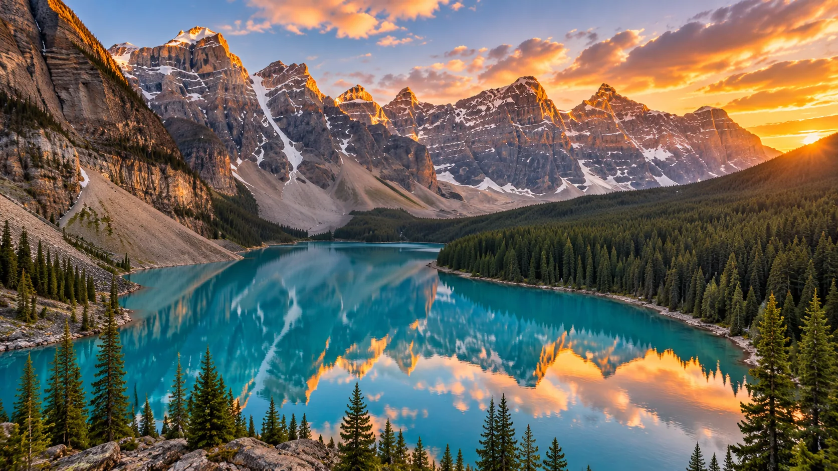 Moraine Lake with Valley of the Ten Peaks reflected in turquoise water at sunrise, Banff National Park