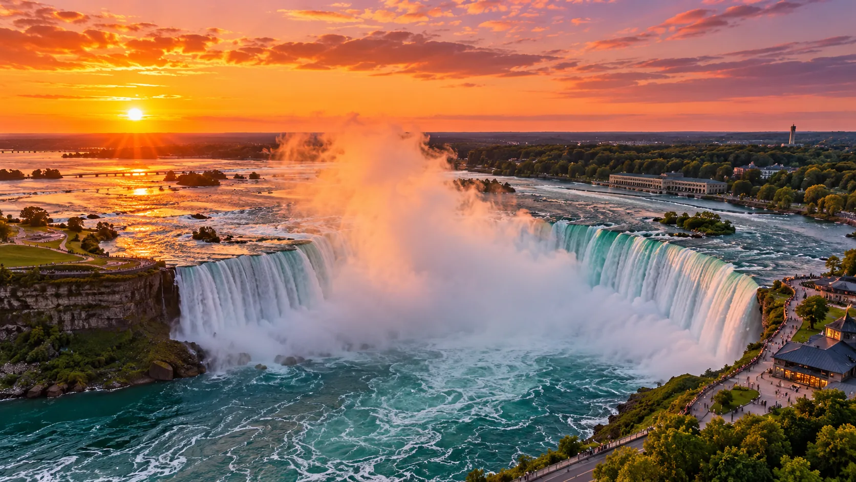 Aerial view of Niagara Falls at sunset