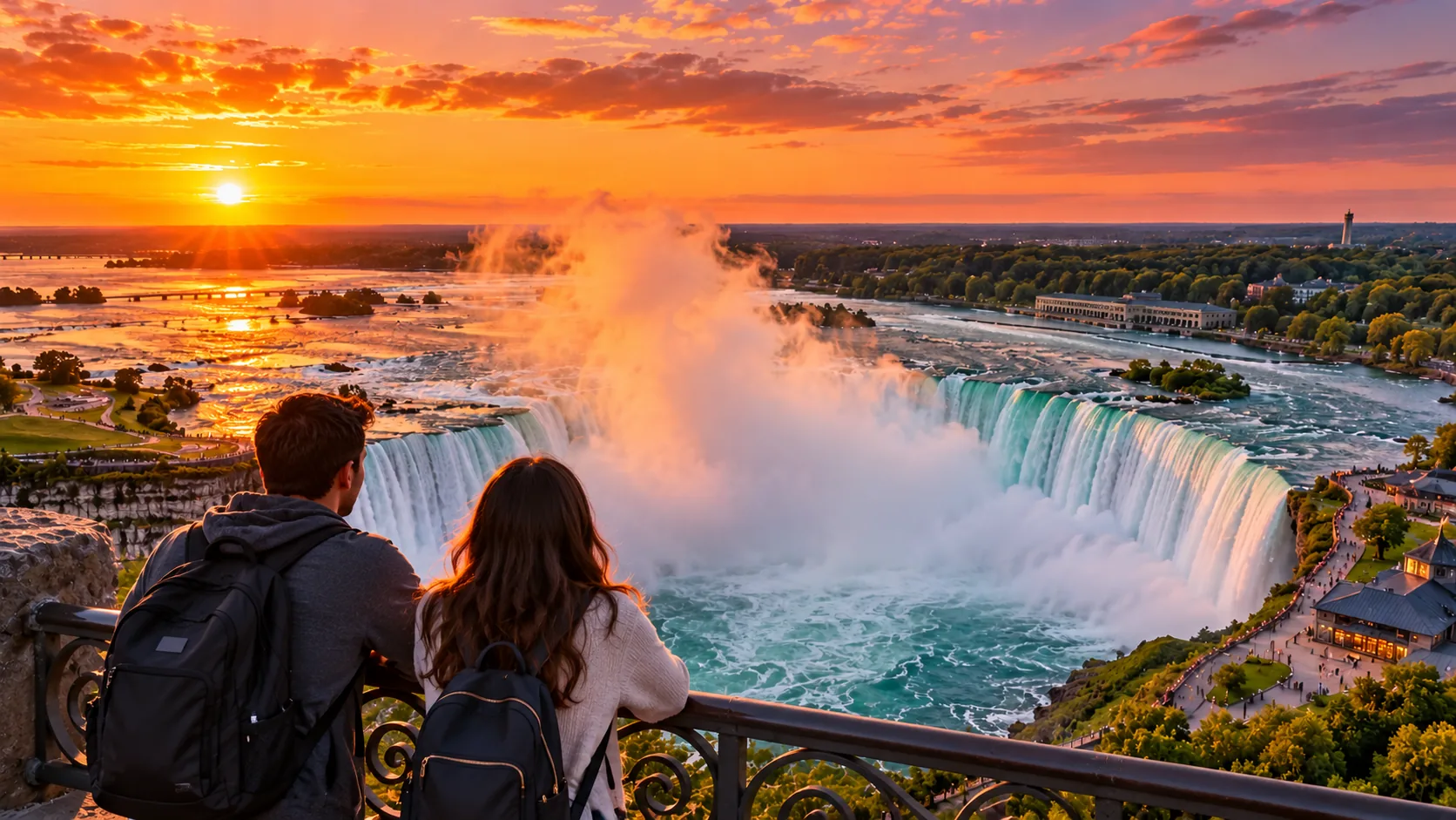 Couple watching Niagara Falls Horseshoe Falls at golden hour sunset