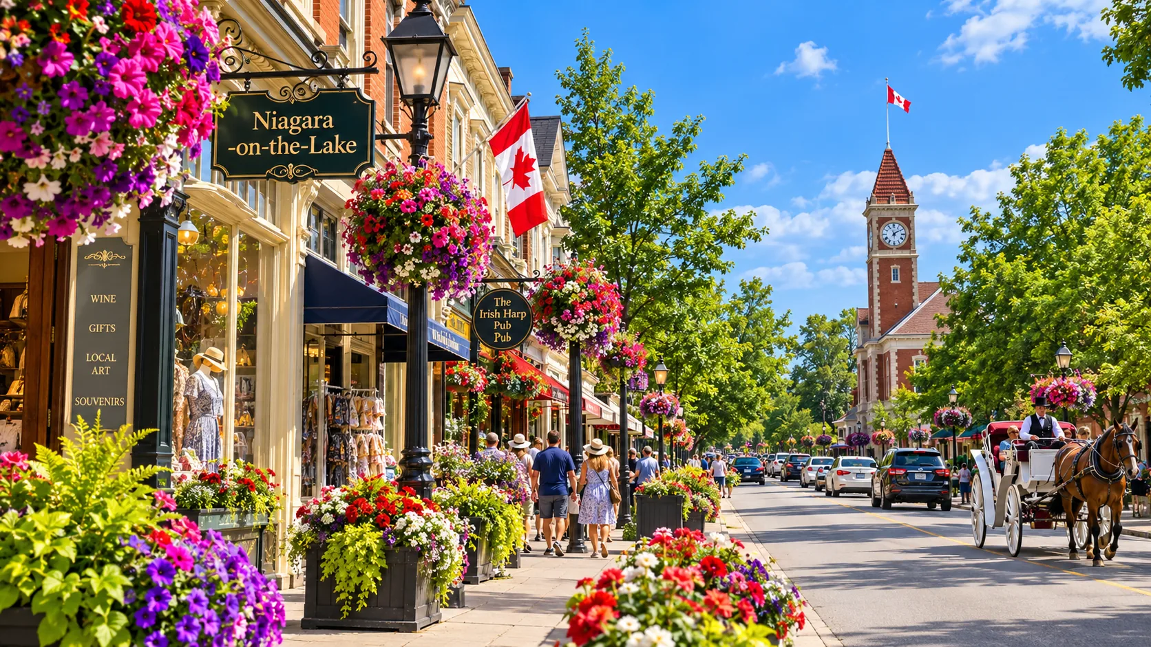 Niagara-on-the-Lake Queen Street in summer with flowers and Canadian flags