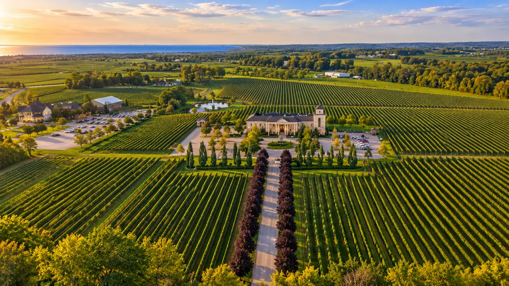Aerial view of Niagara-on-the-Lake winery estate with rows of grapevines and Lake Ontario in the background